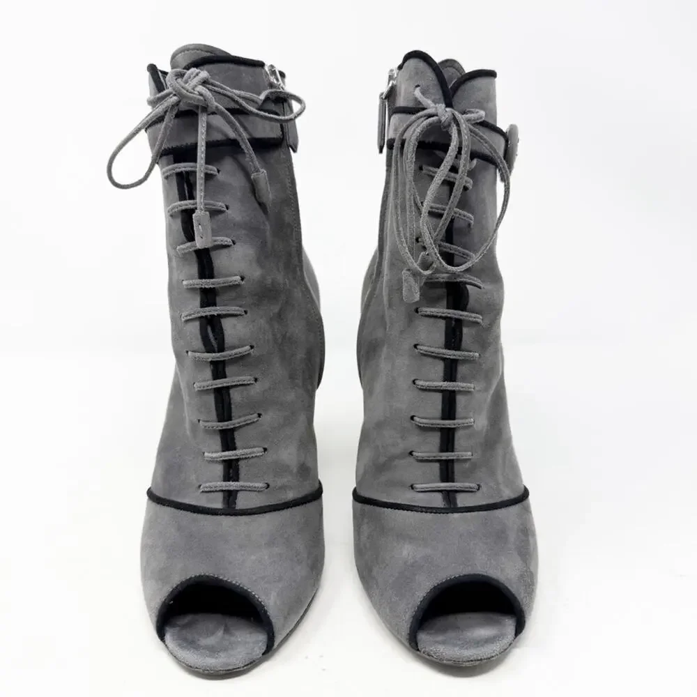 Prada Suede Peep Toe Lace Up Block Heel Boots Womens Size EU 40